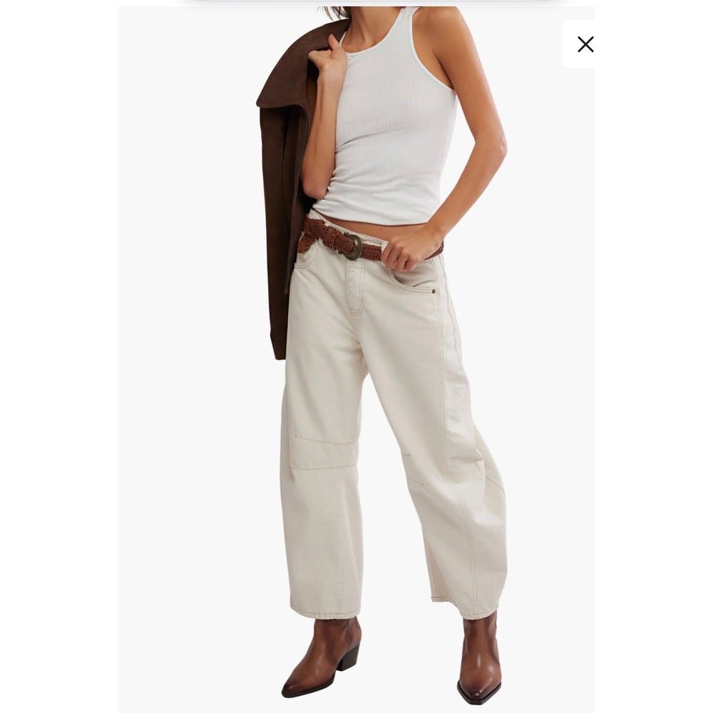 Free People We The Free Good Luck Mid-Rise Barrel Jeans Cream Off-White 26